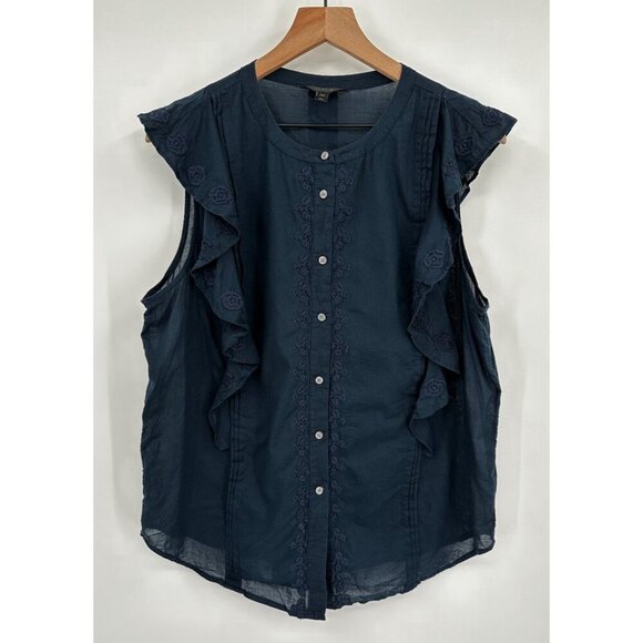 J Crew Floral Embroidered Flutter Sleeve Blouse Women 14T Navy Button Front - Picture 1 of 9